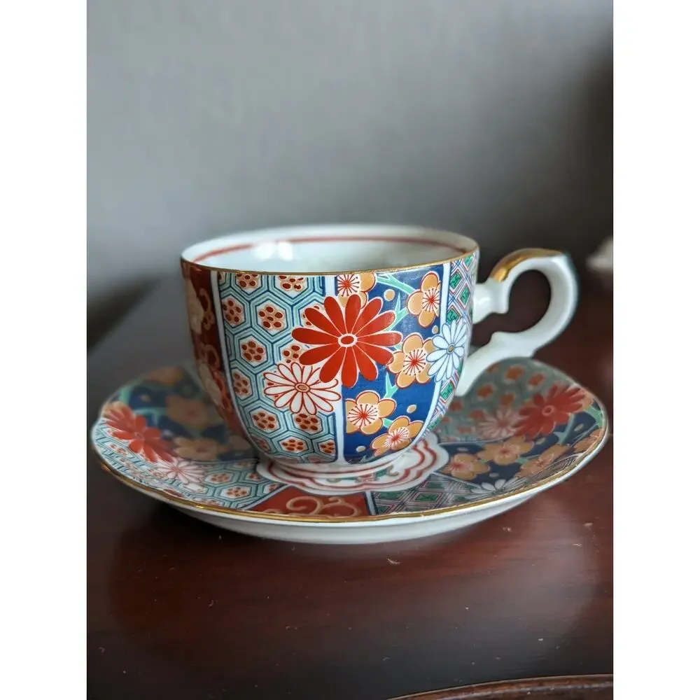 Vtg Arita Imari Teacup Saucer Set Japan Porcelain Fan Shape Kutani